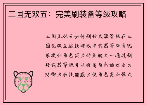 三国无双五：完美刷装备等级攻略